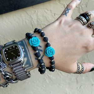 2 bracelets Blue rose lava rock Matching friendship Bracelets set of 2